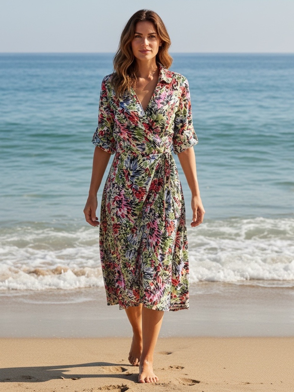 Vintage linen Floral Wrap Midi Dress in Multi-Color midi dress size 14P